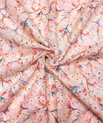 White Color Floral Digital Printed Cotton ChikanKari Embroidery Fabric